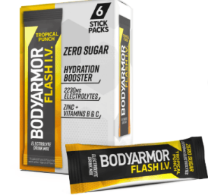 BODYARMOR Flash I.V. Tropical Punch Zero Sugar Electrolyte Powder Mix, 0.28 dry oz, 6 Pack Pouches